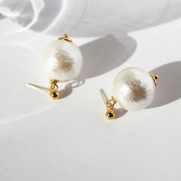 COPY - 18K Gold Filled Cotton Ball Pearl Dangle Earring 925 Sterling Silver Post - Picture 2 of 9